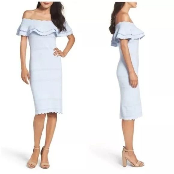 ELIZA J Women’s Baby Blue Off the Shoulder Sheath Dress Ruffle Neckline Size L - Picture 1 of 7